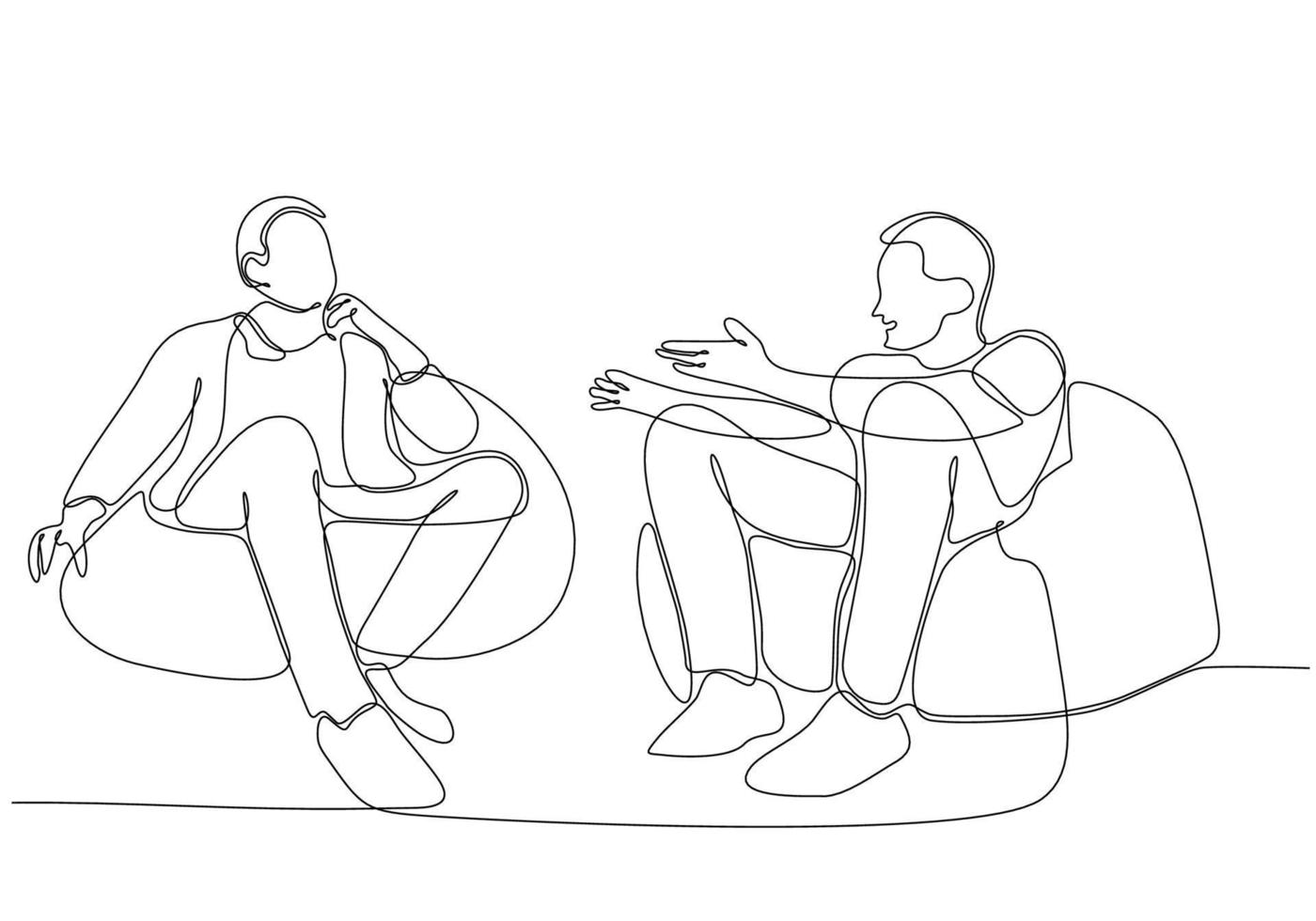Single continuous line drawing of two young male workers chatting casually during office break. Having small talk at work one line concept drawing graphic design vector illustration