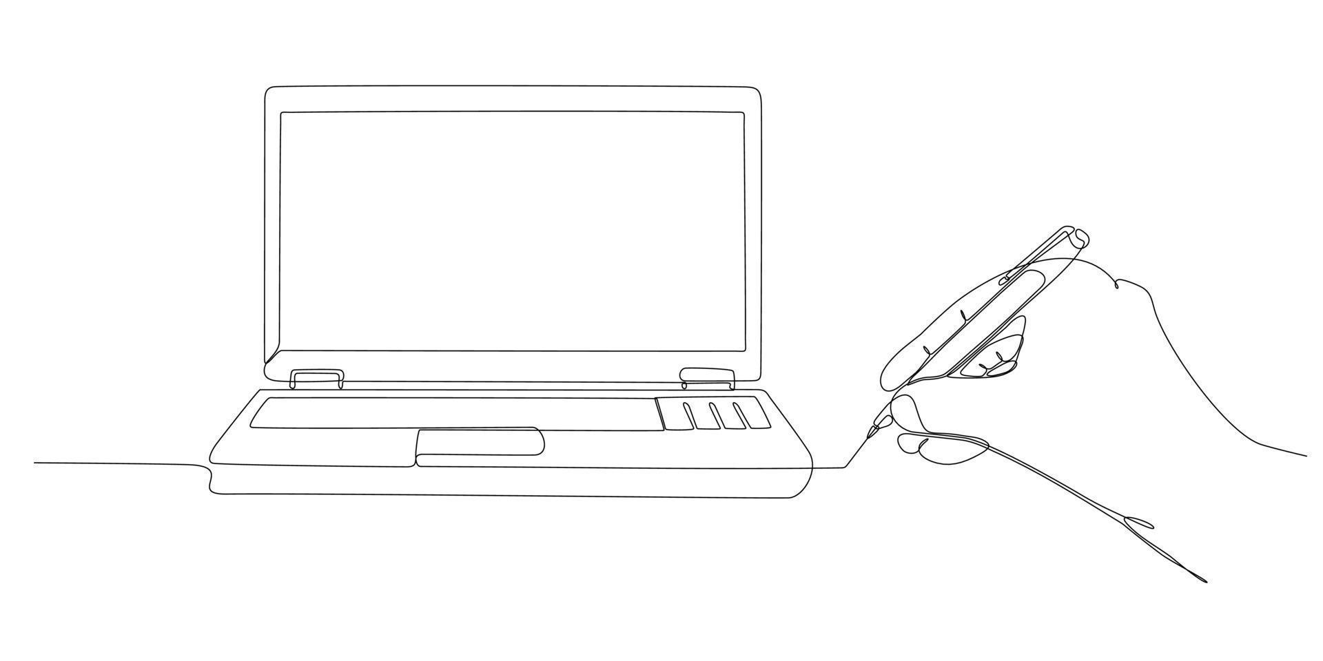 boceto de concepto de negocio dibujado a mano de taza de computadora portátil y de escritorio vector