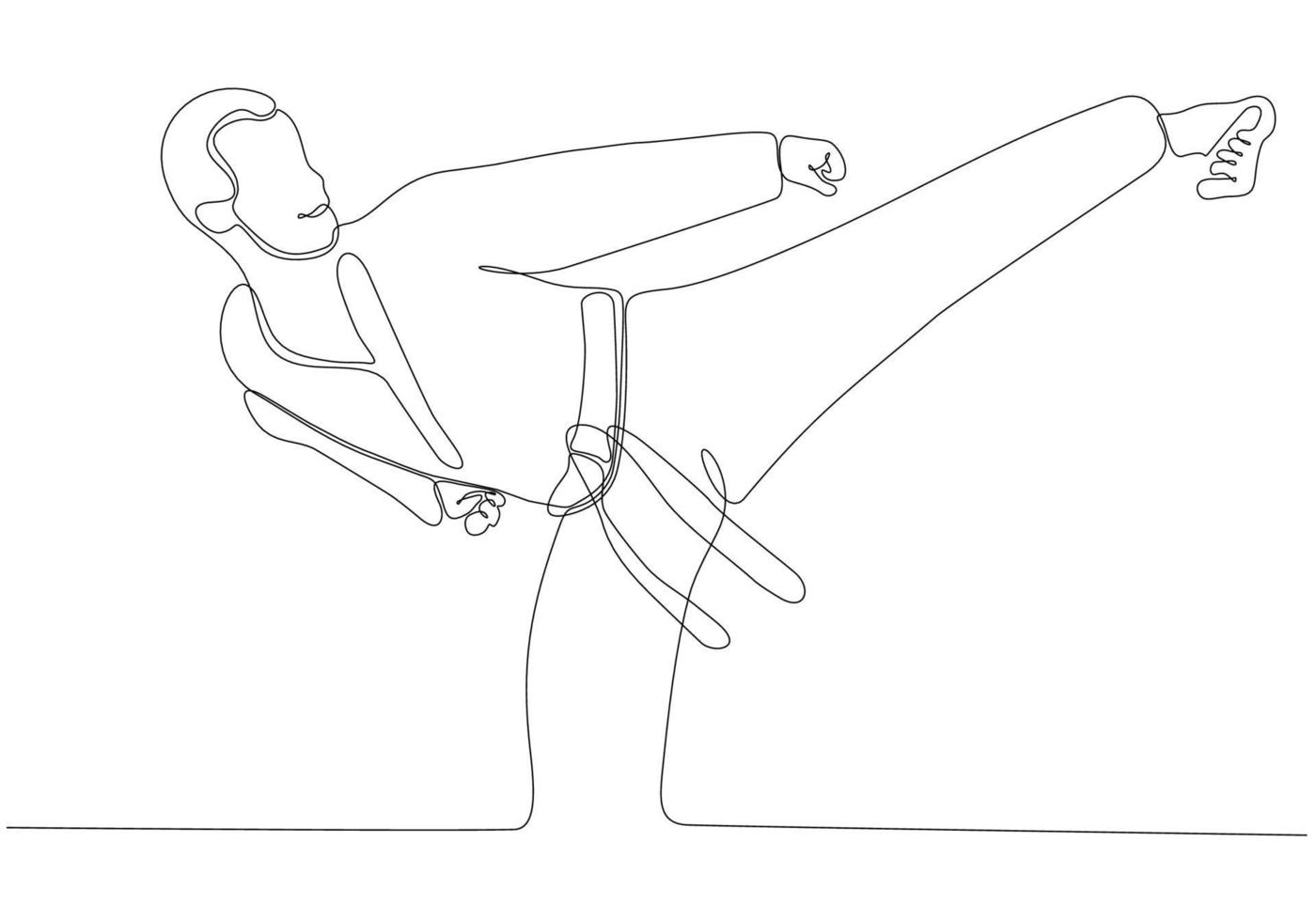 Single line drawing of sporty young karateka man in fighting uniform with belt exercising martial arts in gym vector illustration. Healthy sports lifestyle concept. Modern continuous line drawing