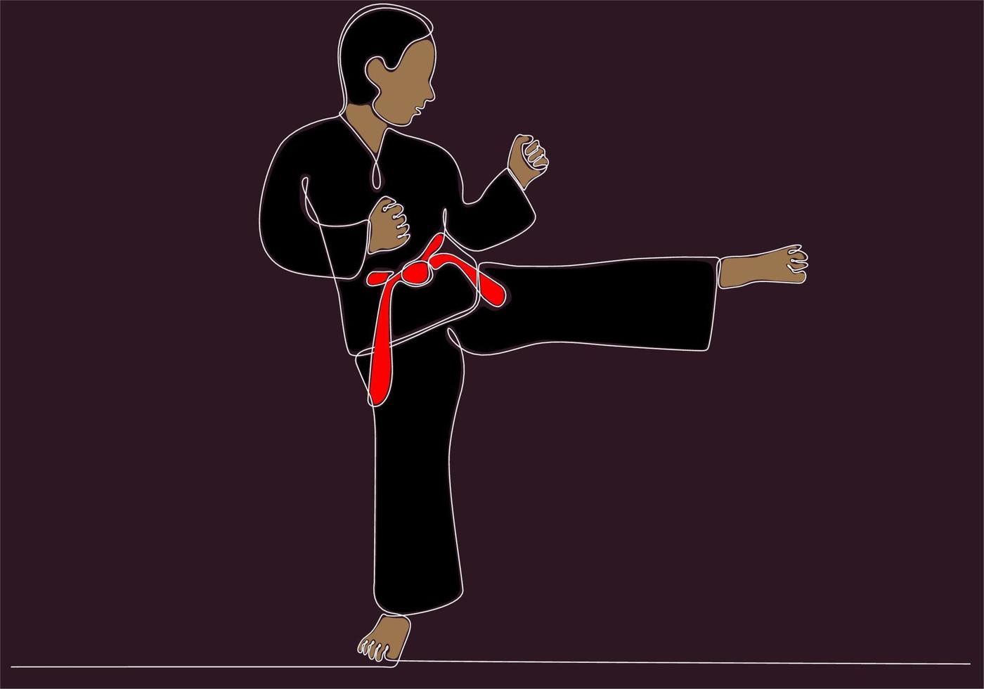 dibujo de una sola línea de un joven karateka deportivo con uniforme de combate con cinturón ejerciendo artes marciales en la ilustración vectorial del gimnasio. concepto de estilo de vida deportivo saludable. dibujo lineal continuo moderno vector