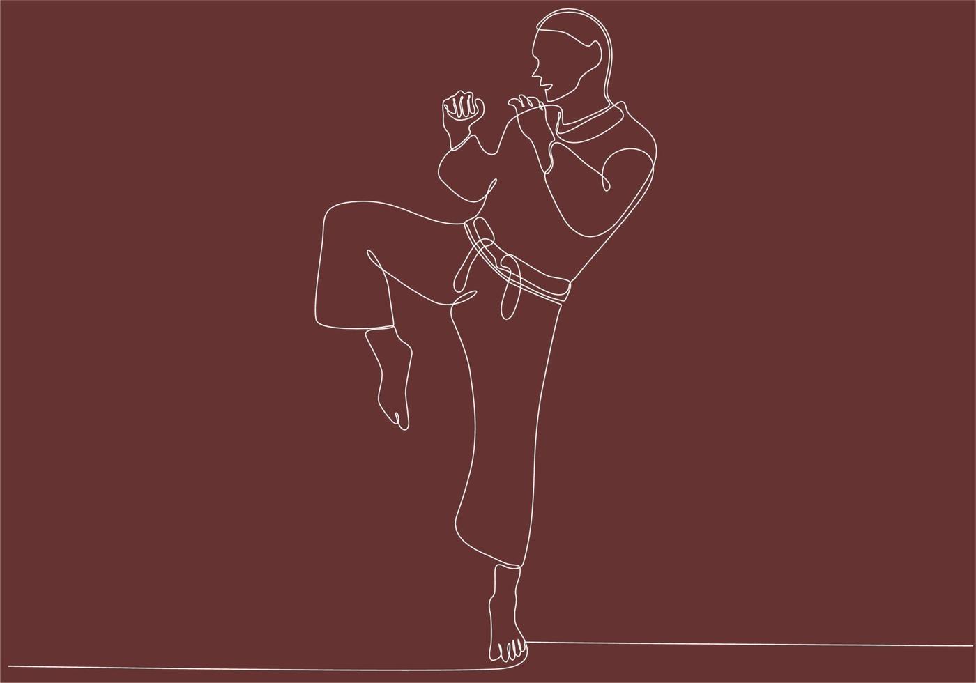 Single line drawing of sporty young karateka man in fighting uniform with belt exercising martial arts in gym vector illustration. Healthy sports lifestyle concept. Modern continuous line drawing