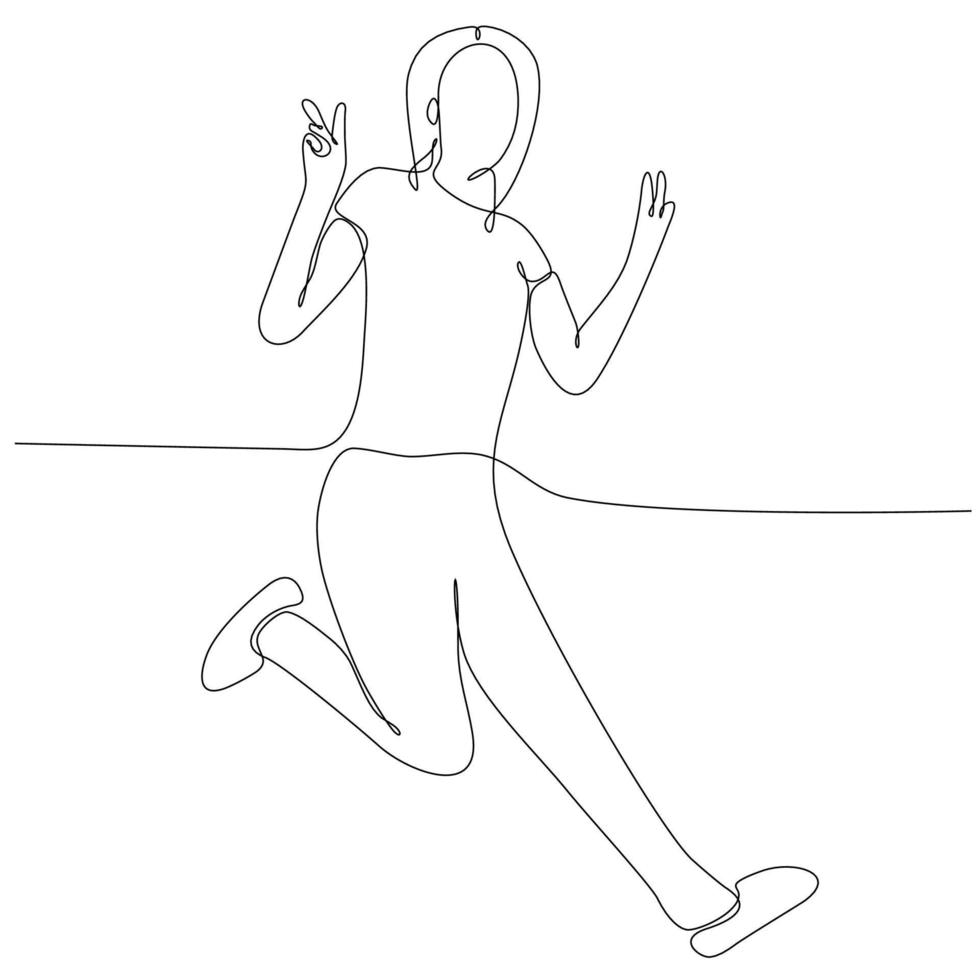Continuous line drawing Woman jumping for happiness. Vector illustration.