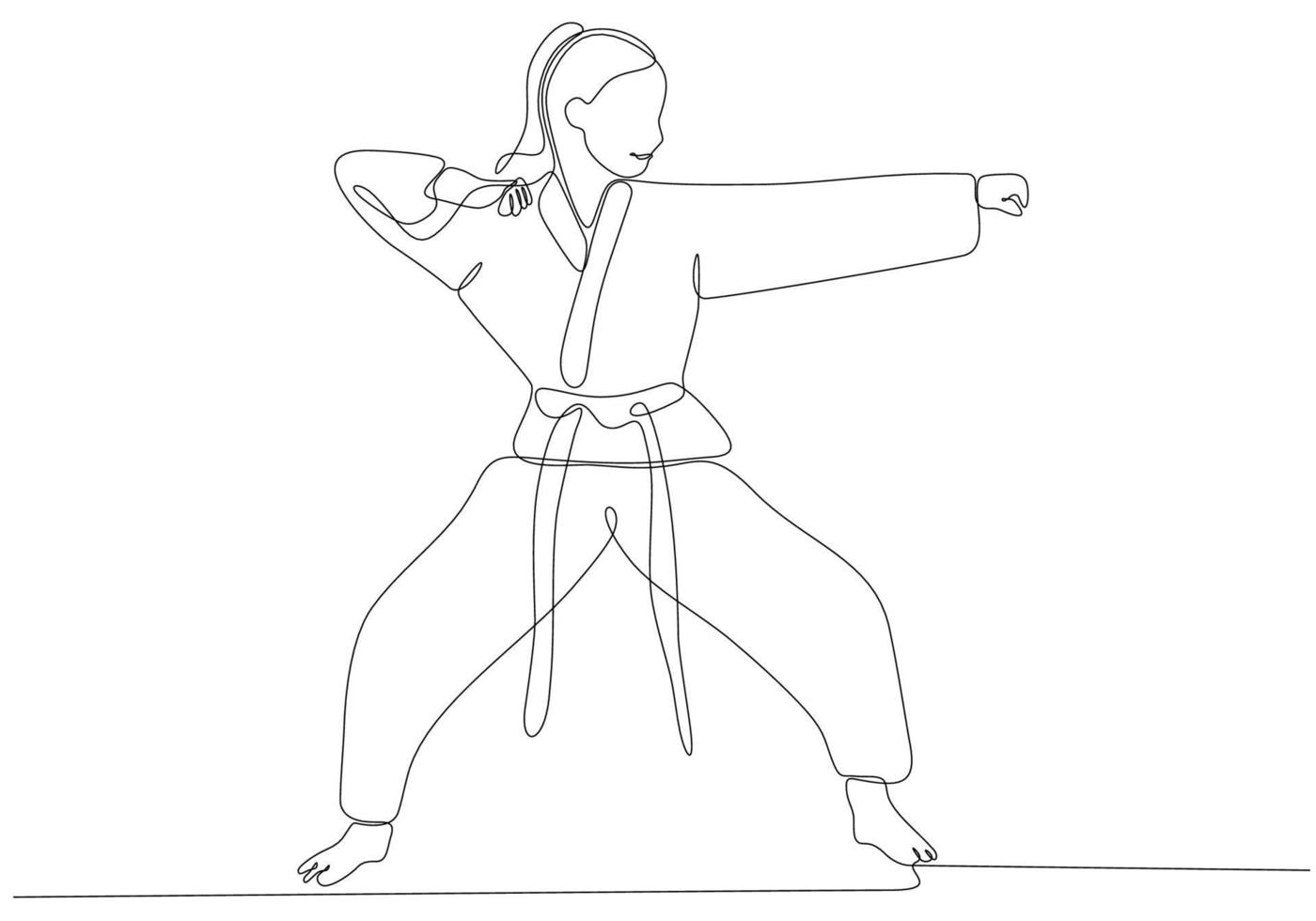 Single line drawing of sporty young karateka woman in fighting uniform with belt exercising martial arts in gym vector illustration. Healthy sports lifestyle concept. Modern continuous line drawing