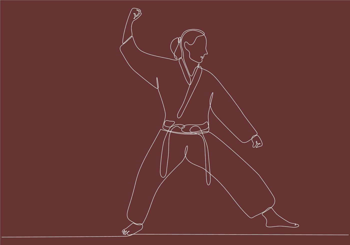 dibujo de una sola línea de una joven karateka deportiva en uniforme de combate con cinturón ejerciendo artes marciales en la ilustración vectorial del gimnasio. concepto de estilo de vida deportivo saludable. dibujo lineal continuo moderno vector