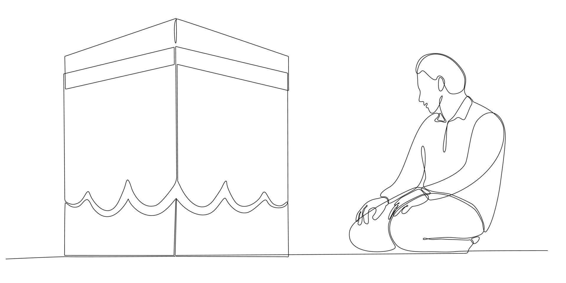 un dibujo de línea continua de un hombre frente a la ka'aba levantó la mano en oración. los hombres musulmanes rezan por alá y levantan la mano frente a la kaaba aislada de fondo blanco. vector