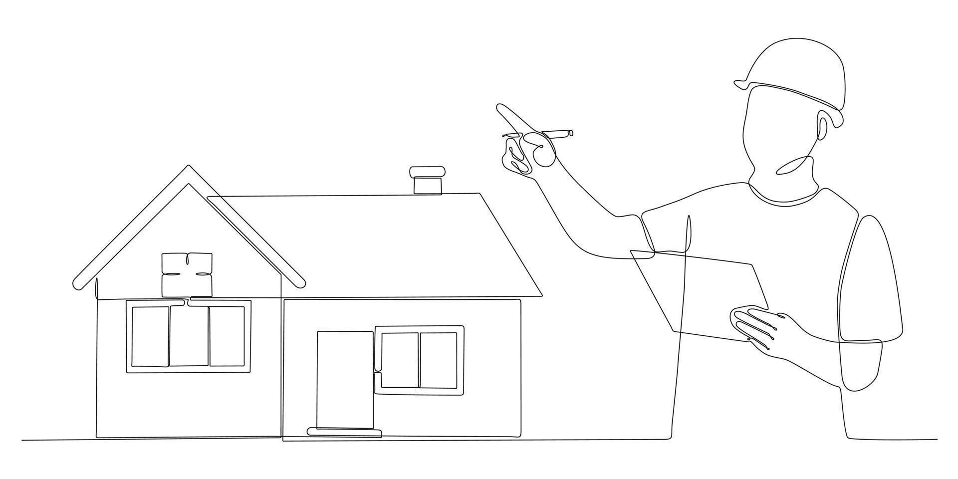 Single continuous line drawing of attractive man architecture holding roll paper blueprint building sketch design. Home maintenance service concept one line drawing design illustration vector