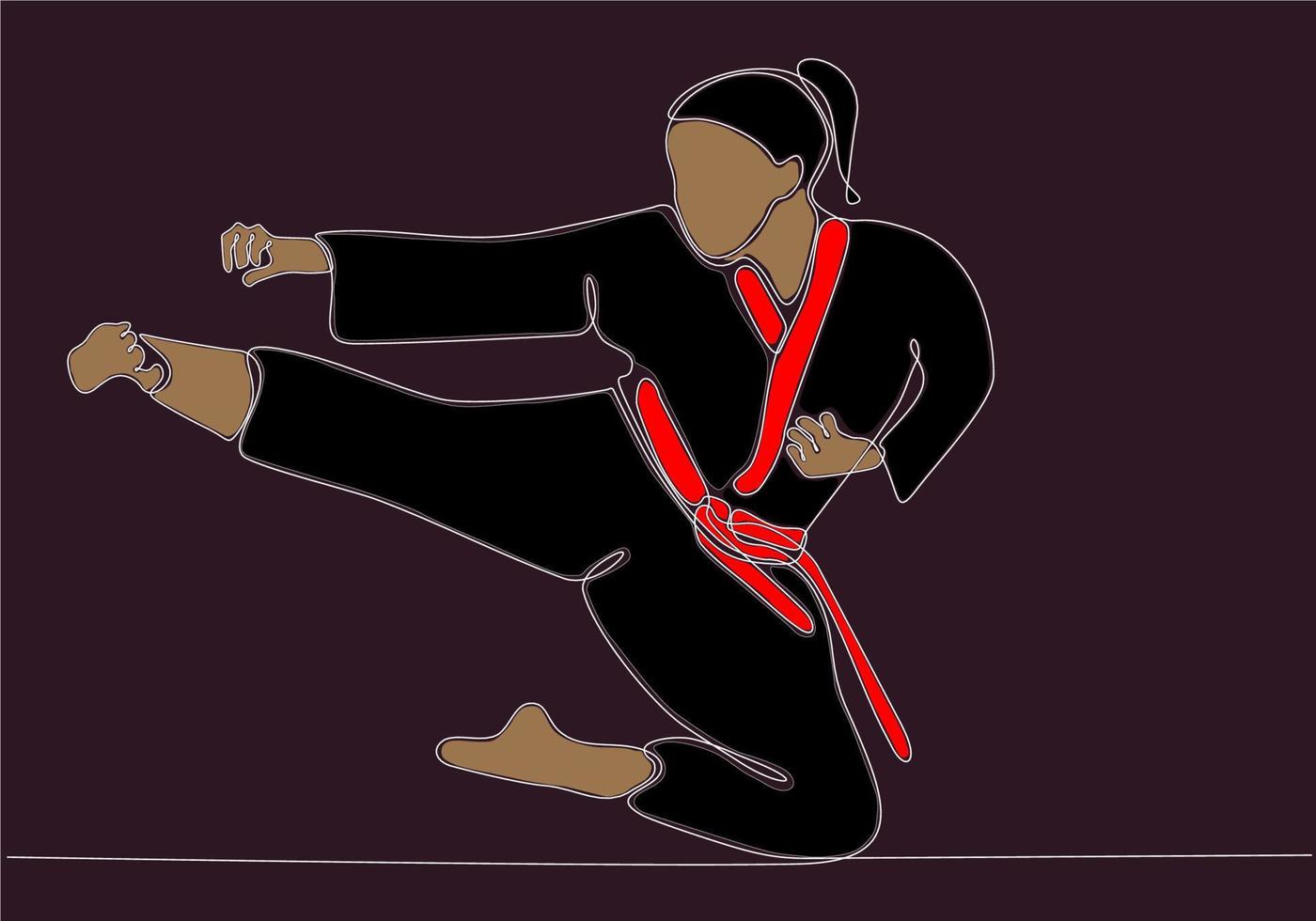 dibujo de una sola línea de un joven karateka deportivo con uniforme de combate con cinturón ejerciendo artes marciales en la ilustración vectorial del gimnasio. concepto de estilo de vida deportivo saludable. dibujo lineal continuo moderno vector