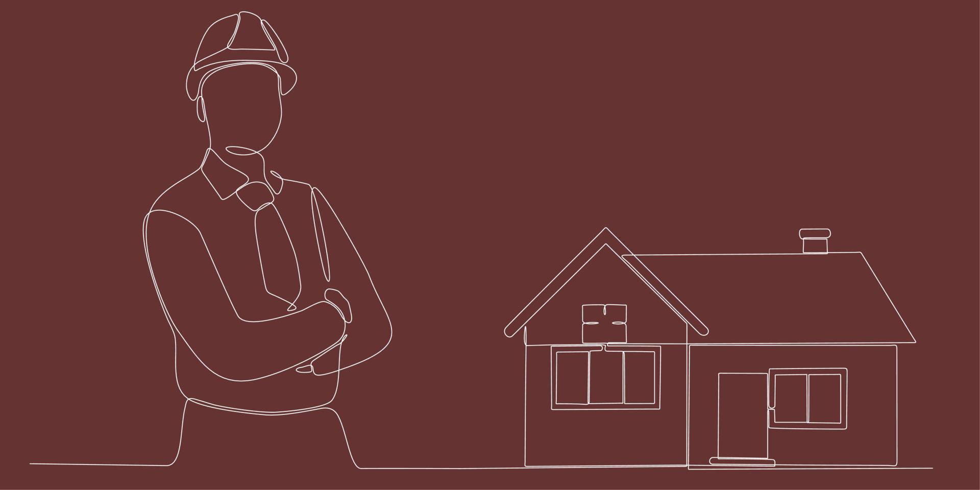 Single continuous line drawing of attractive man architecture holding roll paper blueprint building sketch design. Home maintenance service concept one line drawing design illustration vector