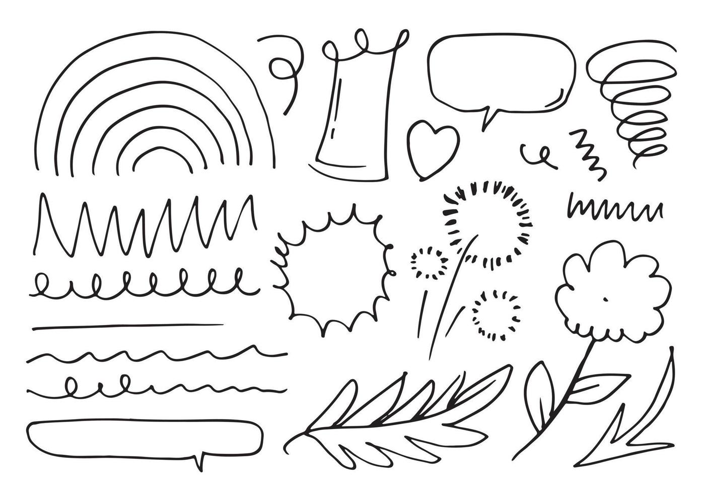 hand drawn set elements, black on white background. rainbow, flower, leaves, speech bubble, heart, light, king, emphasis, swirl, for concept design. vector