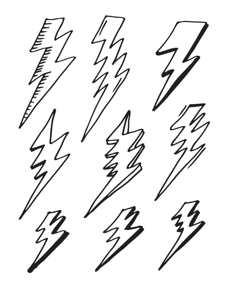 conjunto de ilustraciones de esbozo de símbolo de relámpago eléctrico de garabato vectorial dibujado a mano. icono de garabato de símbolo de trueno. vector