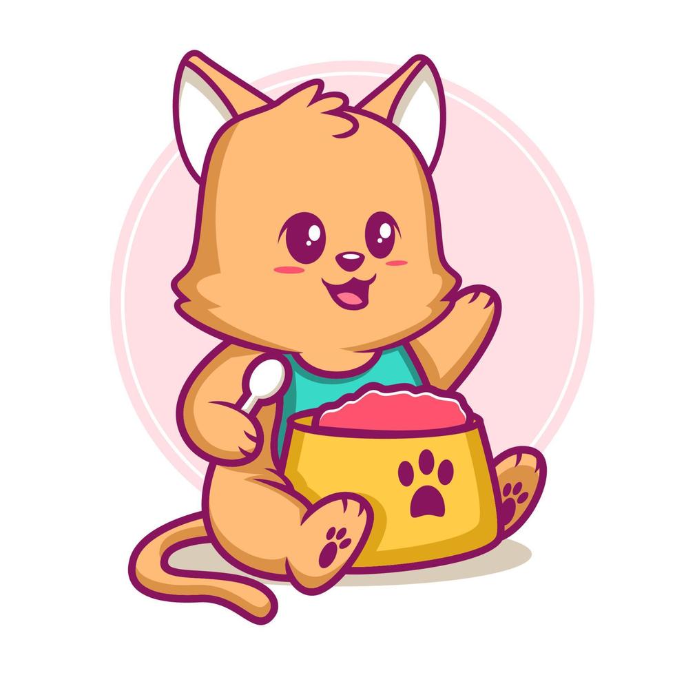 Cute cat eating from bowl cartoon vector illustration