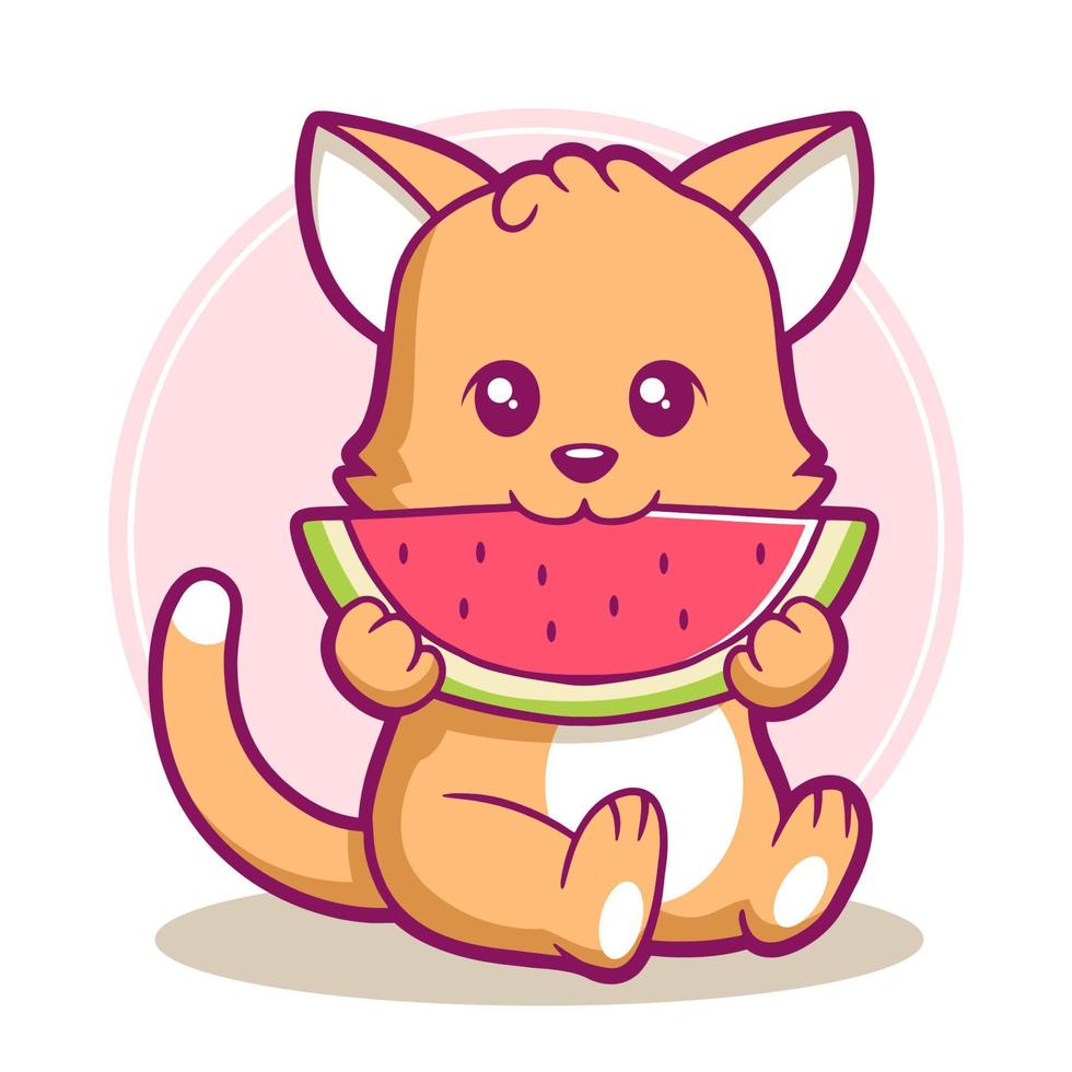 lindo gato comiendo sandía en el vector de dibujos animados de verano