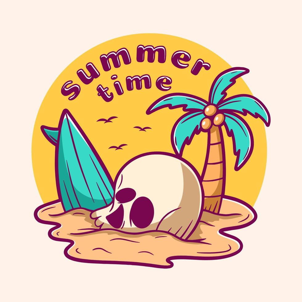 Skull summer beach cartoon illustration vector