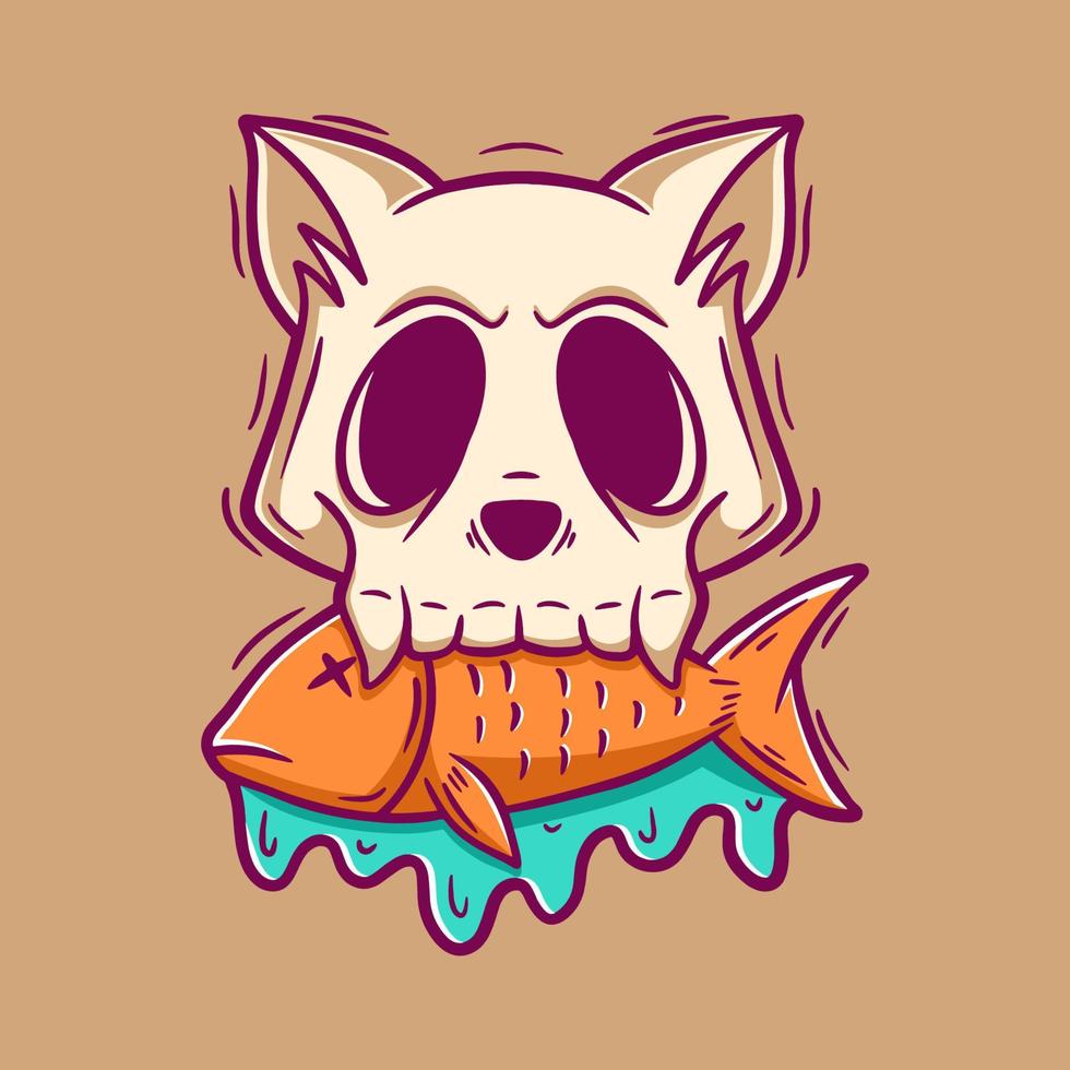 Skull cat and fish cartoon illustration vector
