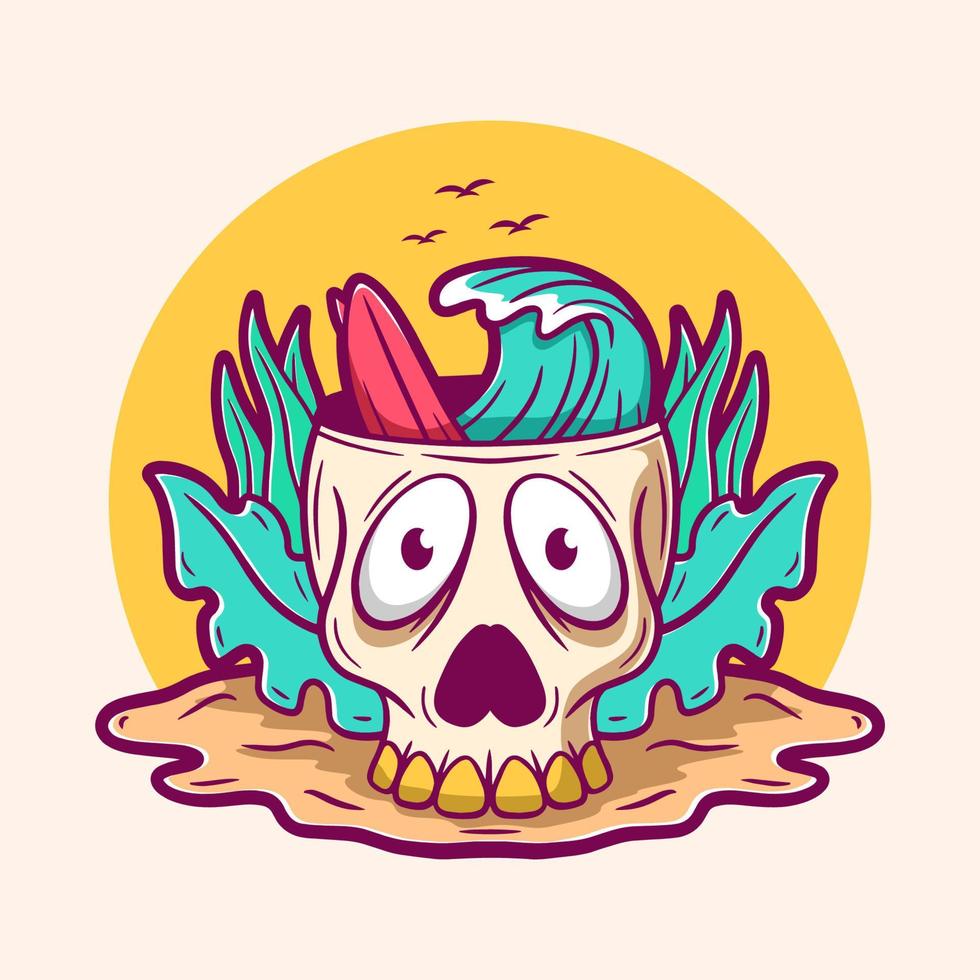 Skull summer beach cartoon illustration vector