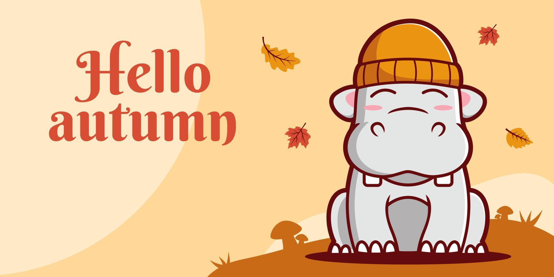 Hand drawn autumn social media banner template with hippopotamus illustration vector