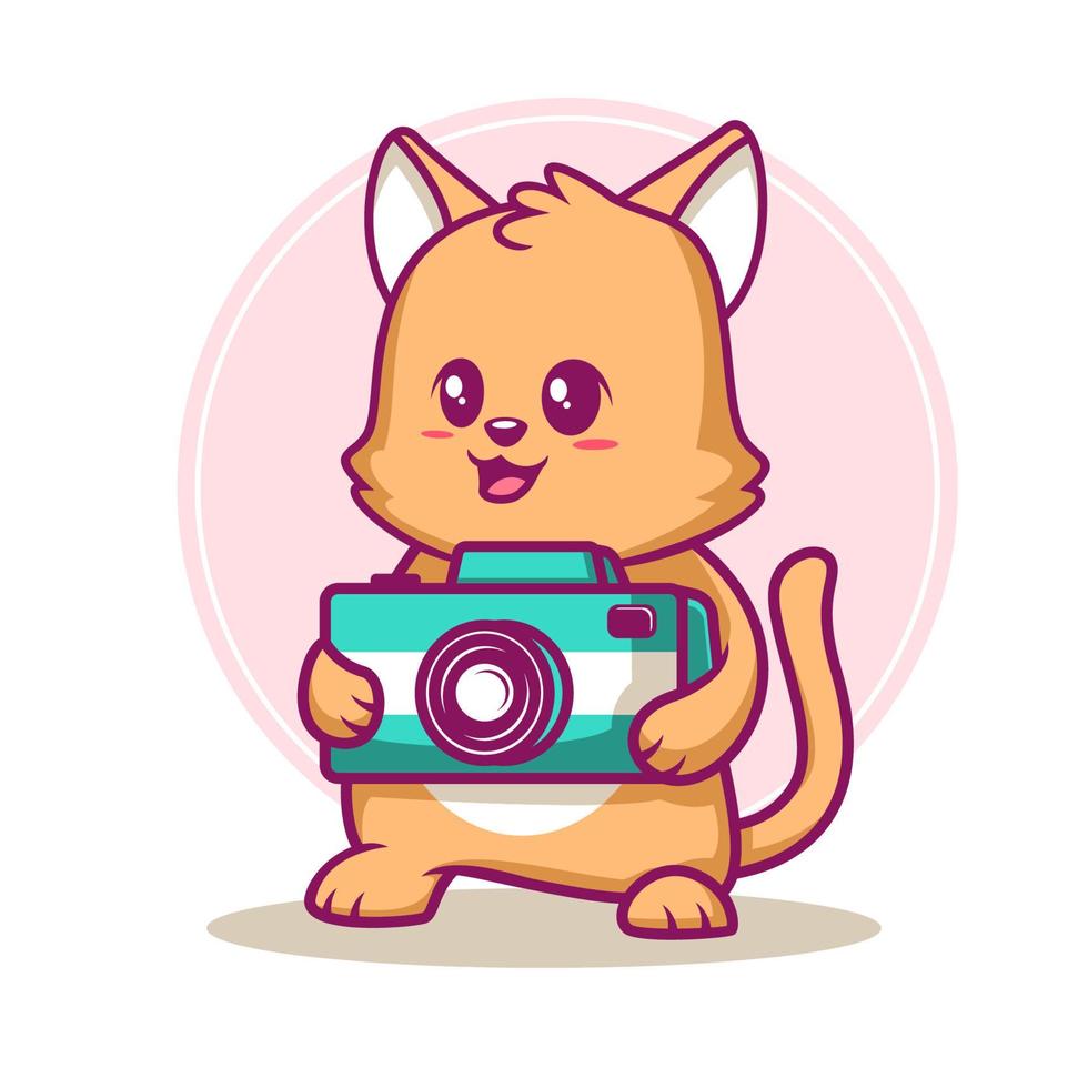 Lindo gato con ilustración de vector de dibujos animados de cámara