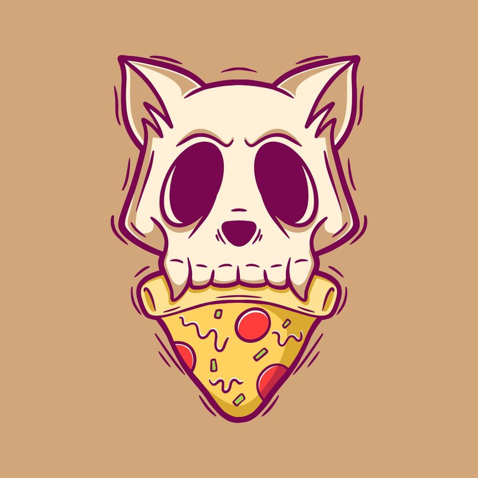 Skull cat and pizza cartoon illustration vector