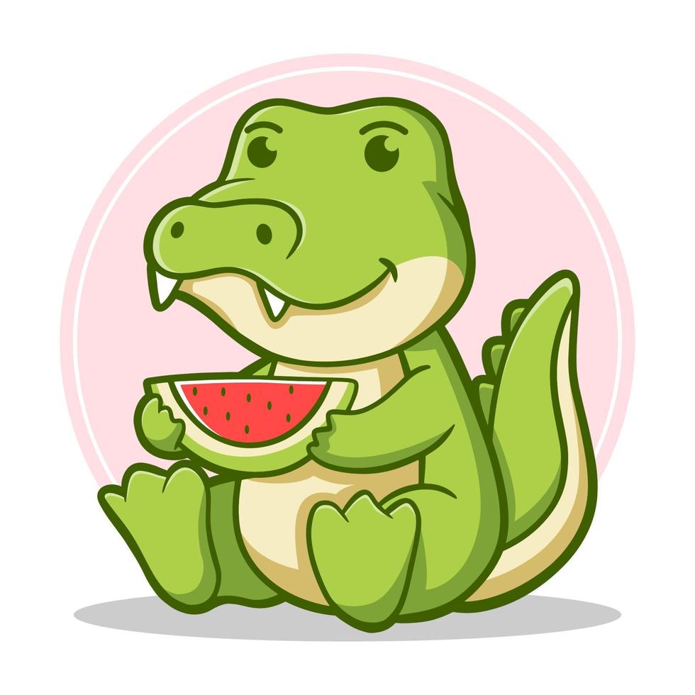 lindo cocodrilo comiendo sandía en el vector de dibujos animados de verano