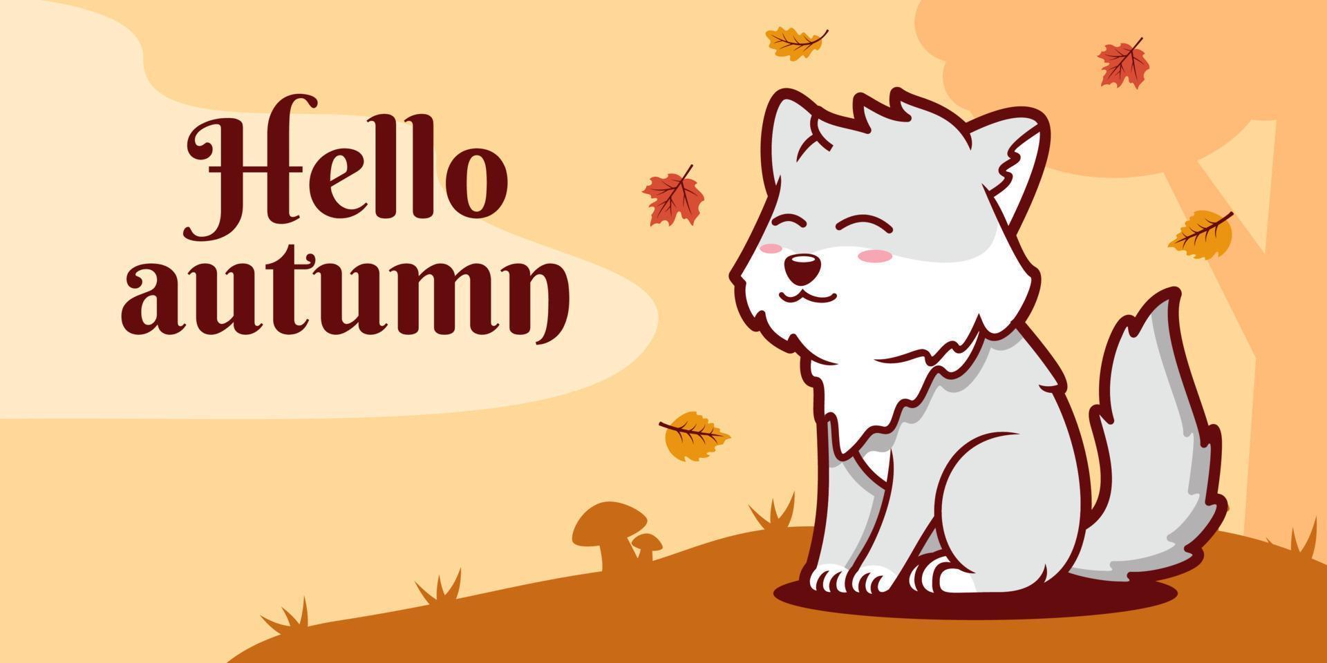 plantilla de banner de redes sociales de otoño dibujada a mano con ilustración de lobo vector