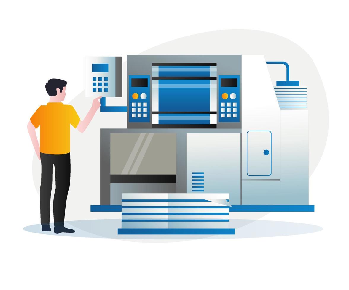 Operator is printing on offset machine vector