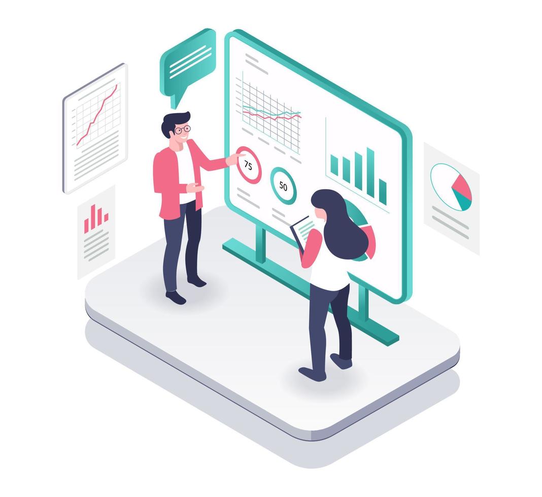 Concept illustration of isometric couple analyzing business data on board vector