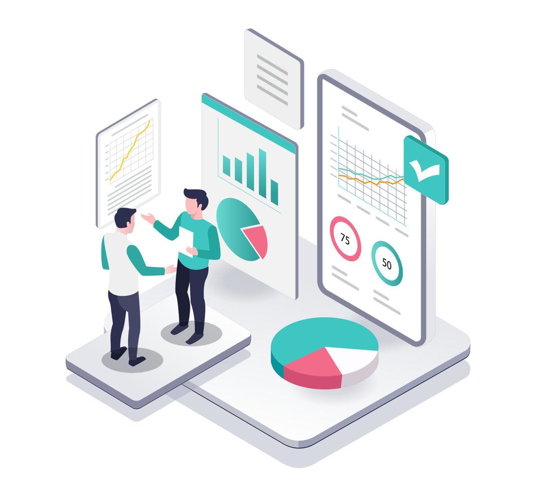 Isometric illustration concept of two men analyzing company business data vector