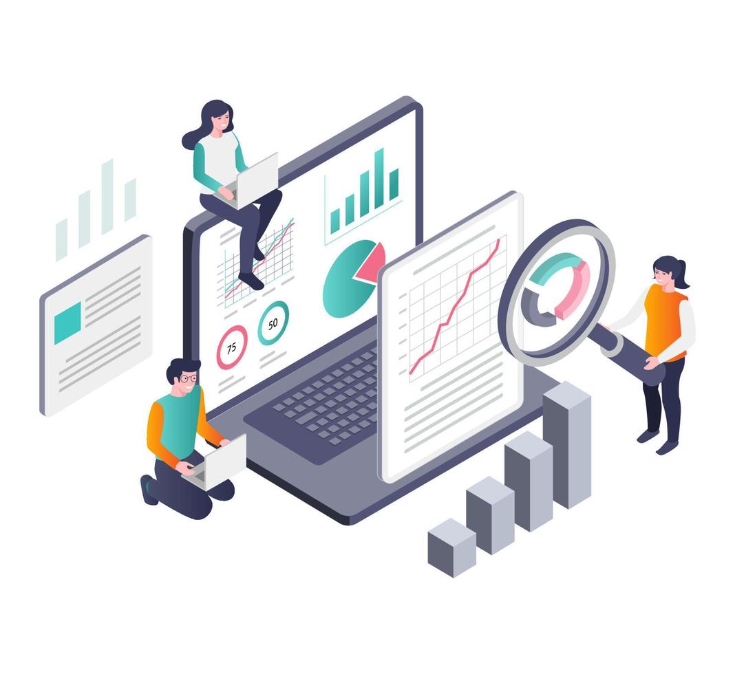 Concept illustration of isometric team collecting analyst data vector