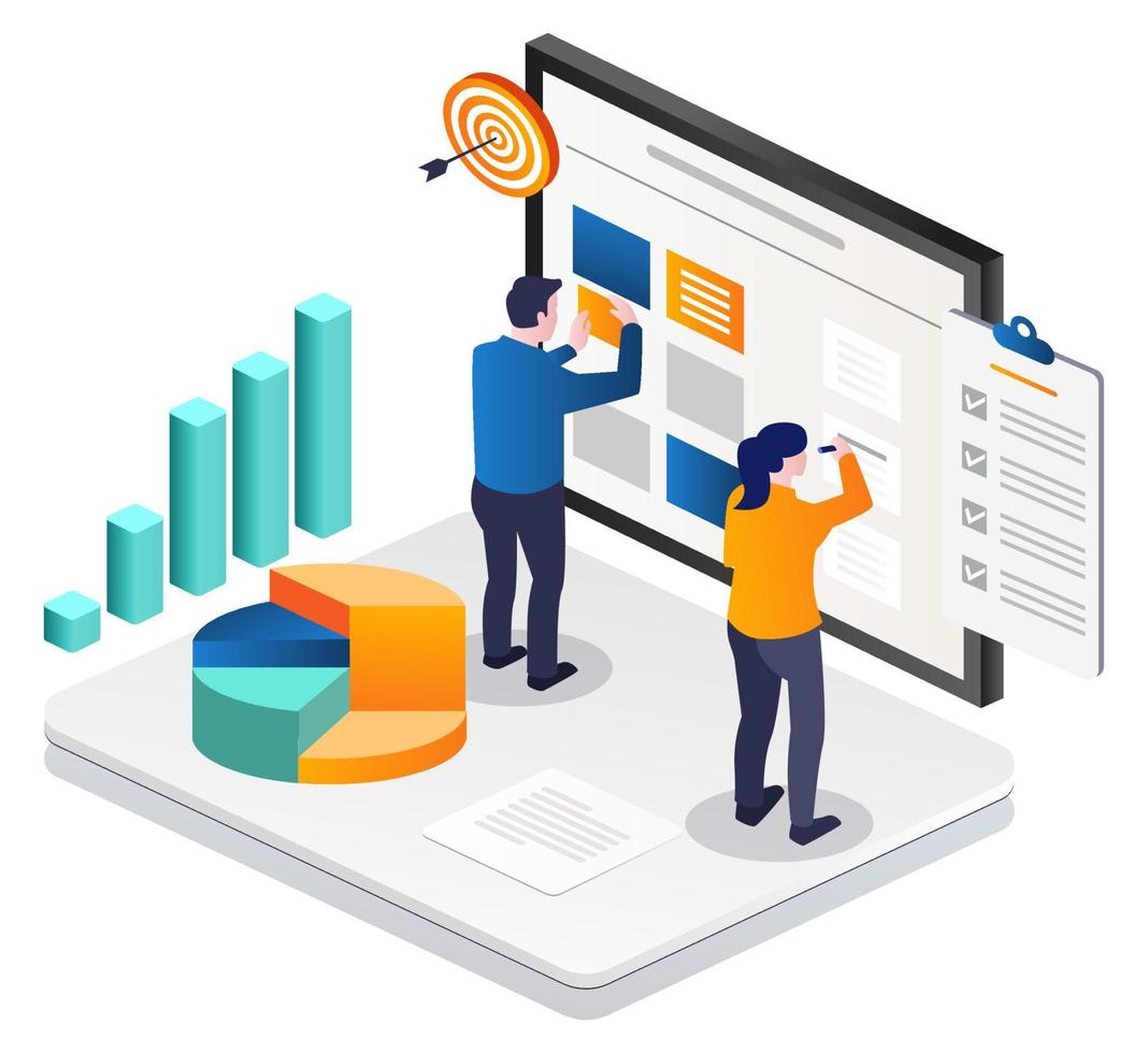 Concept illustration of isometric couple making plans on scrum board vector