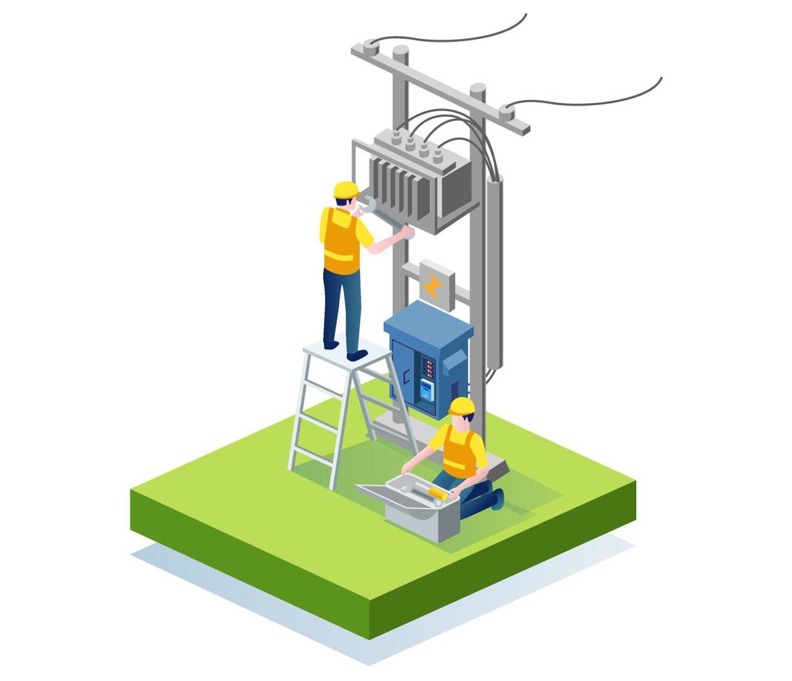 Two technicians maintenance electrical panels vector