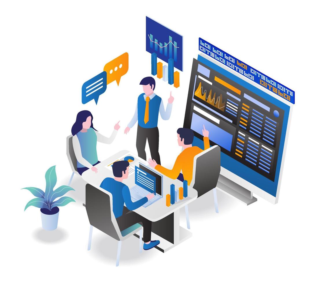 The team is in a meeting about the analyst stock business vector