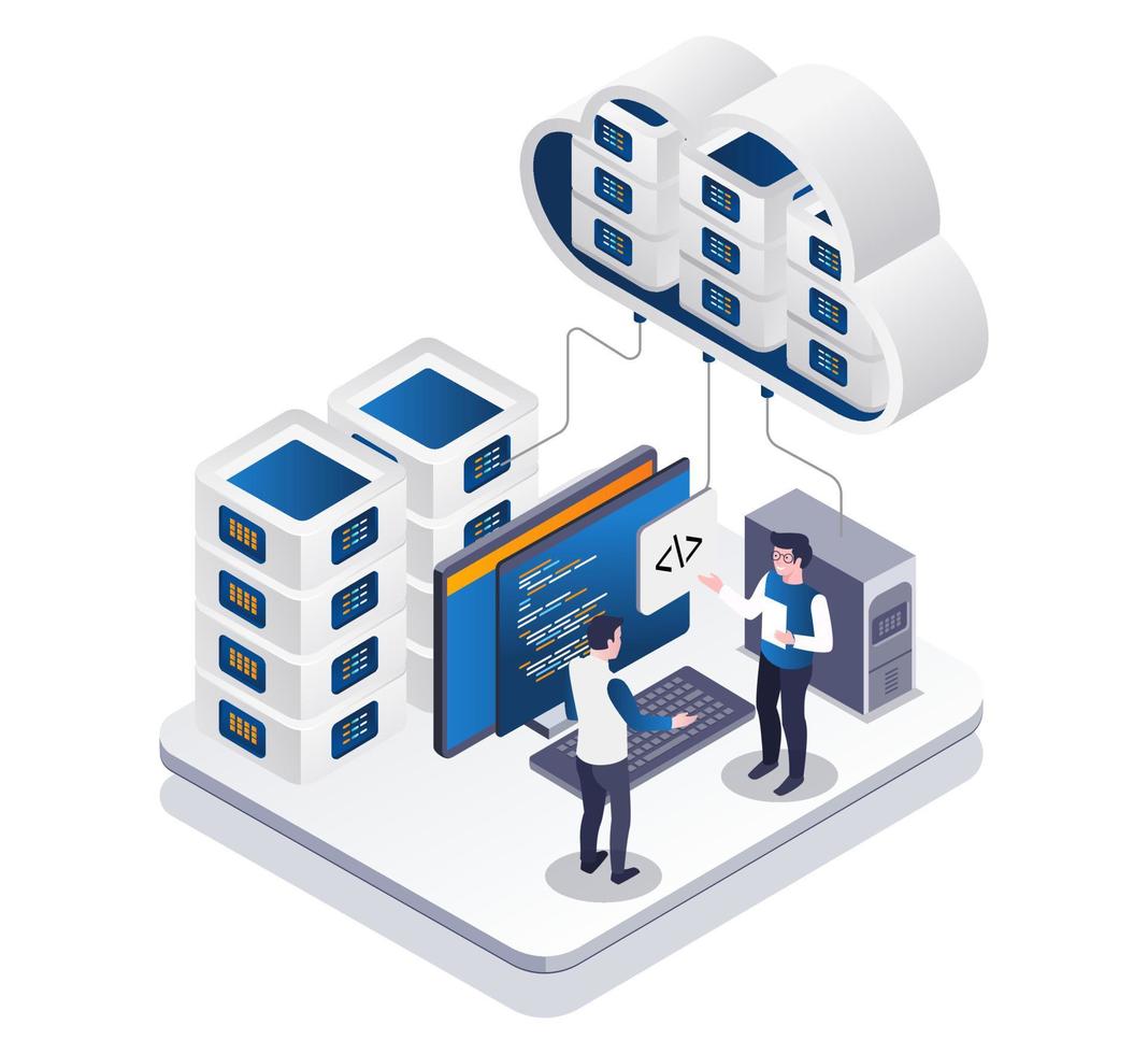 Isometric illustration concept discussion about cloud server technology vector