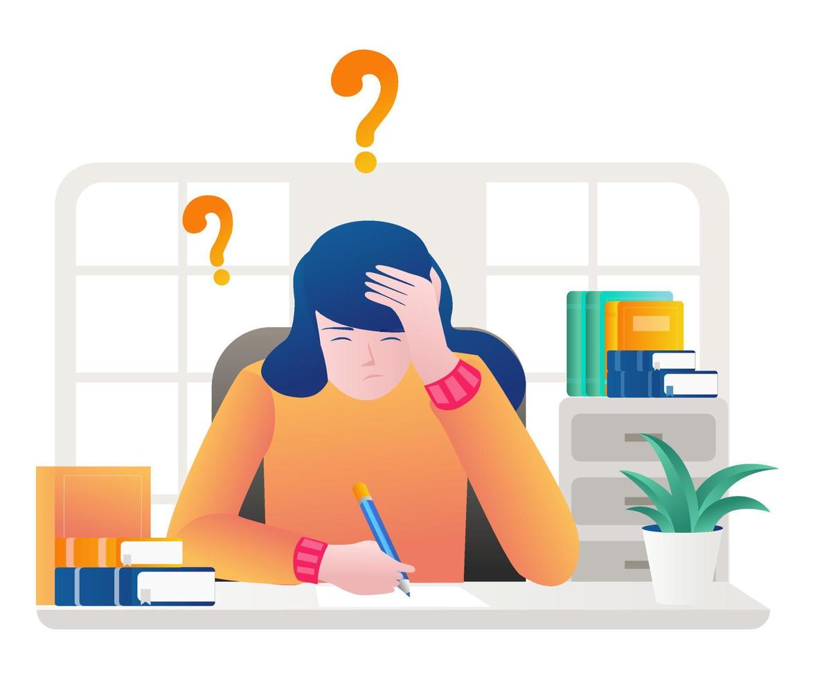 Stressed girl doing work assignments vector