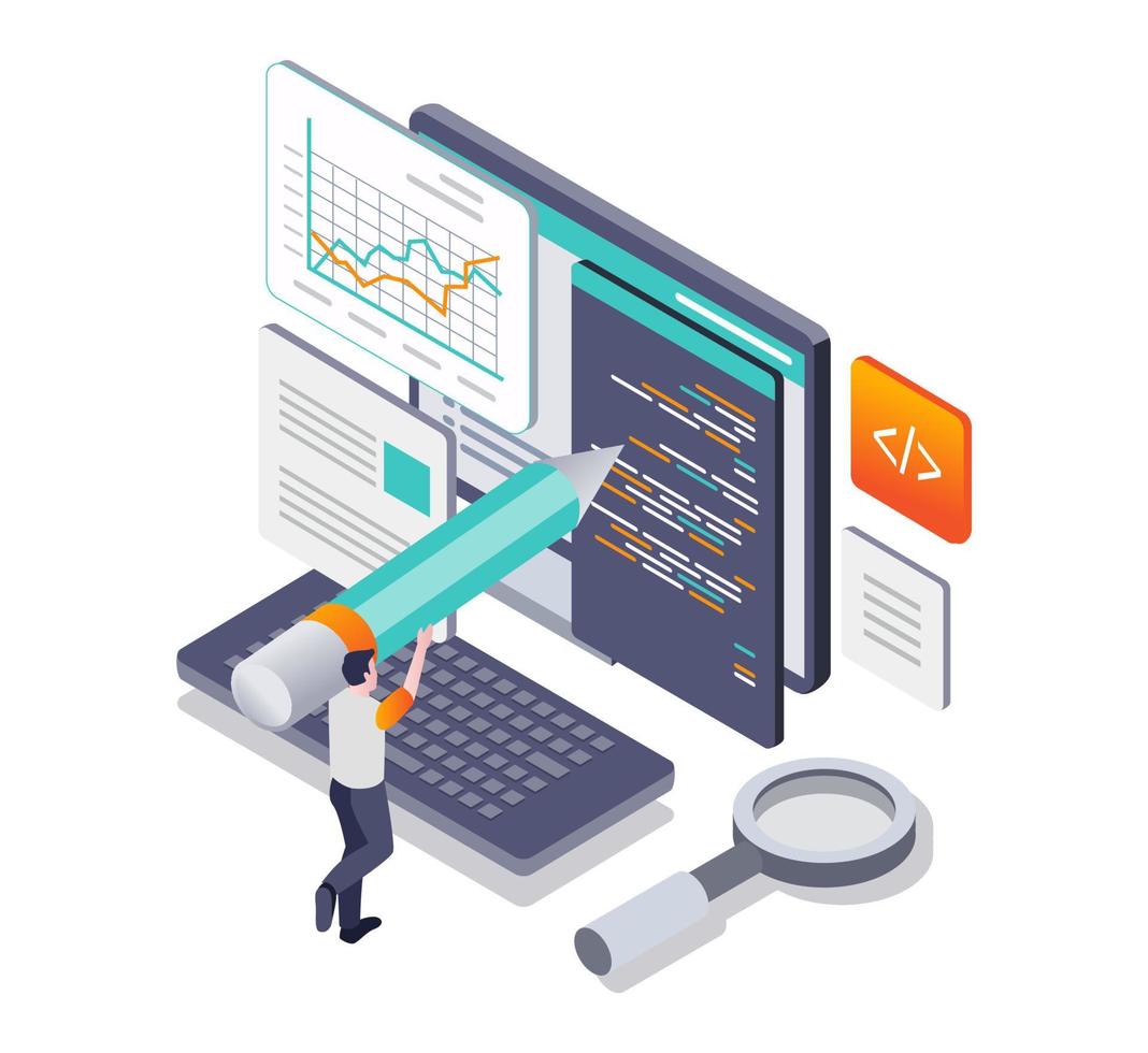 Creative male isometric illustration concept writing programming language on monitor vector