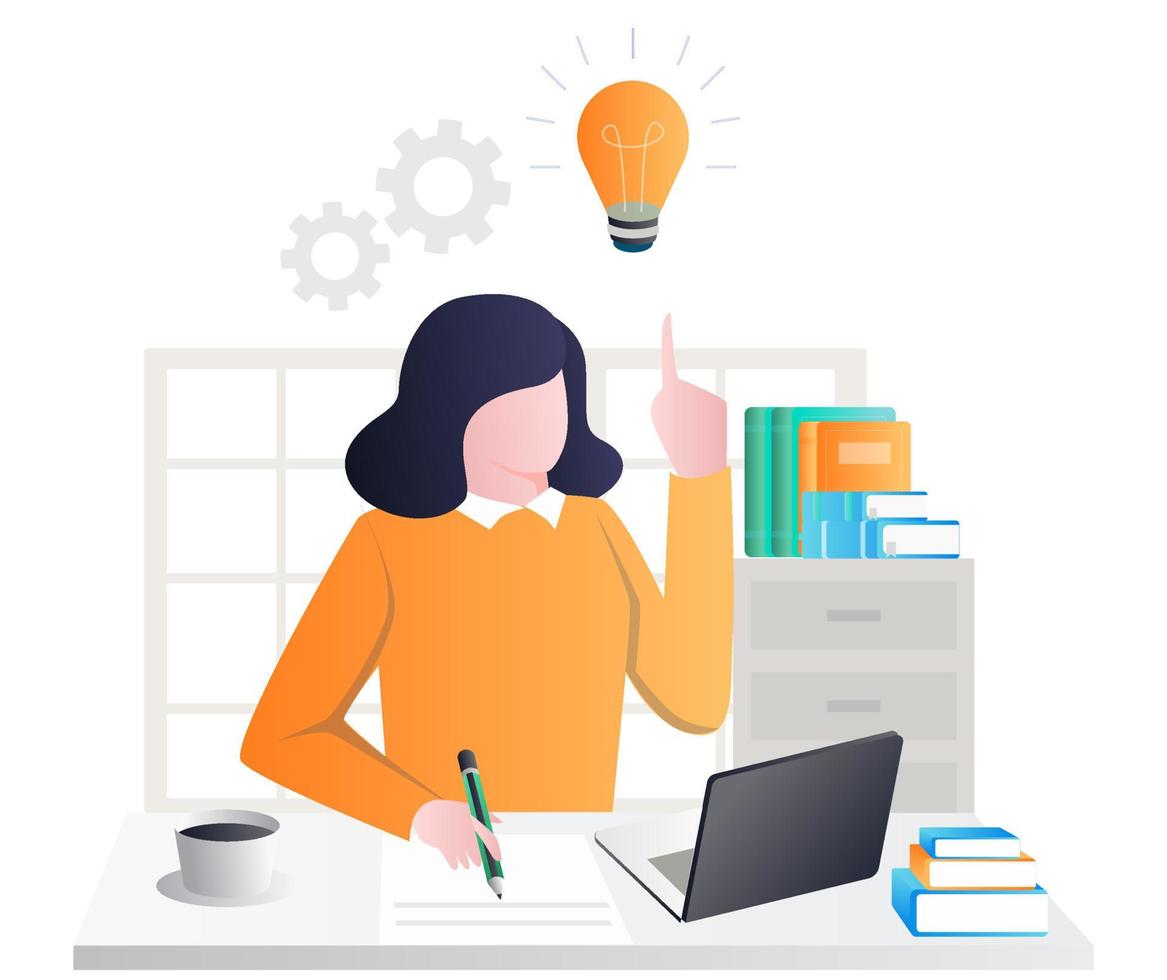 Girl is pointing at a light bulb at the study table vector