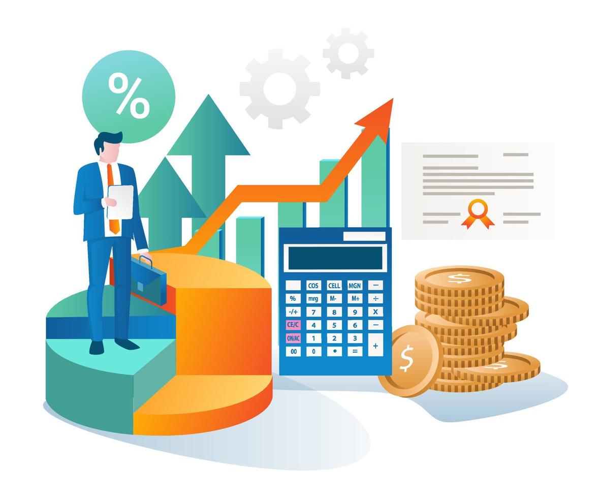 exitoso hombre de negocios de pie junto al gráfico circular vector