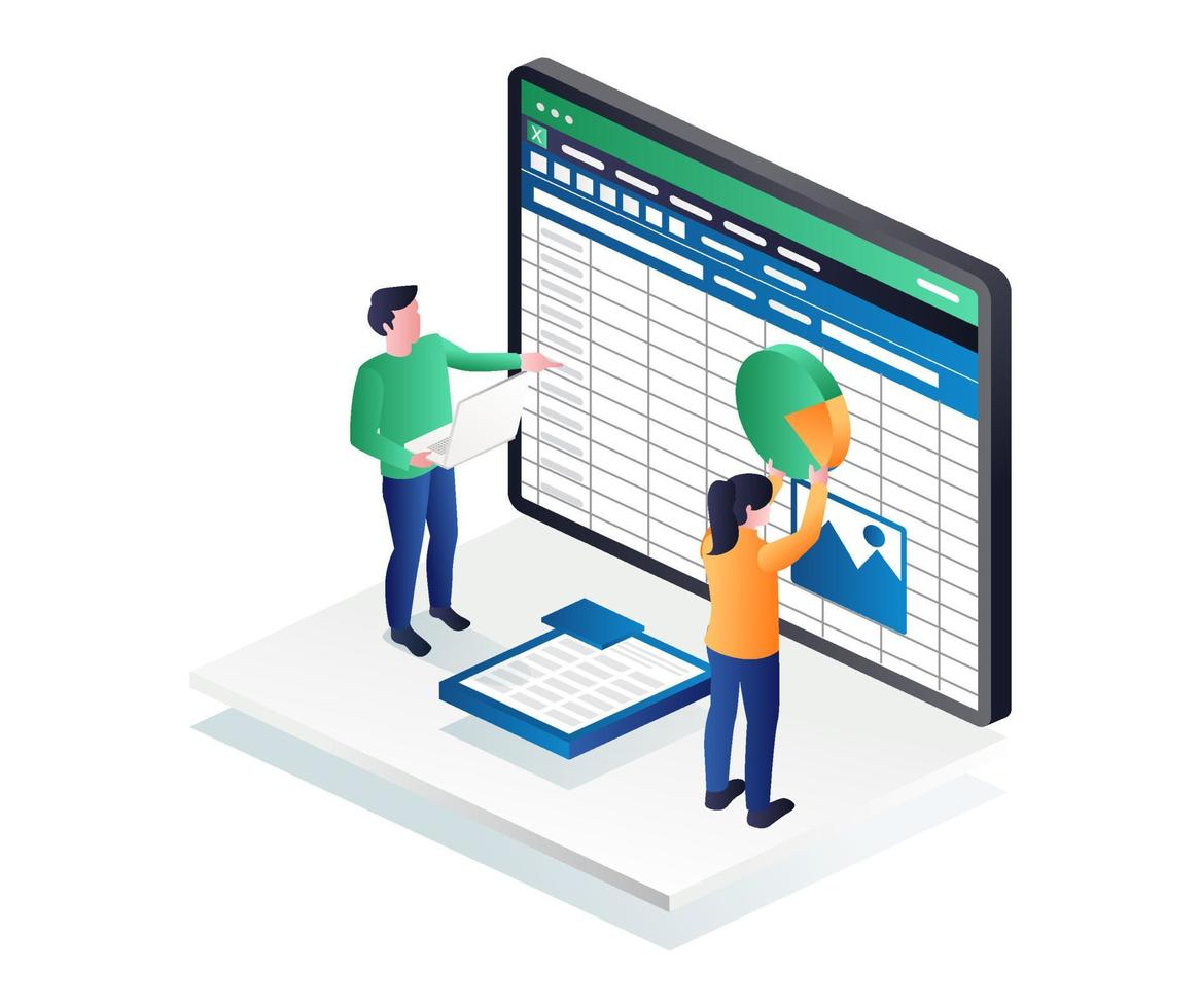 A couple is editing a table in excel vector