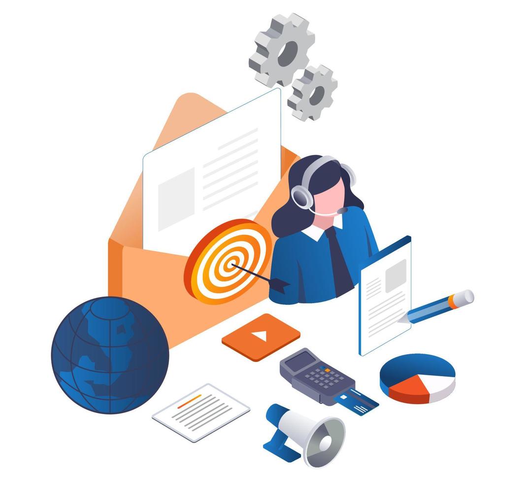 Isometric illustration concept of target digital marketing email customer service team vector