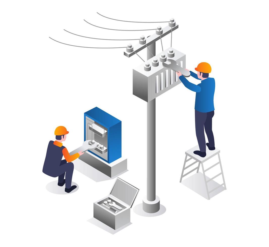 concepto de ilustración isométrica de dos hombres reparando un panel eléctrico vector