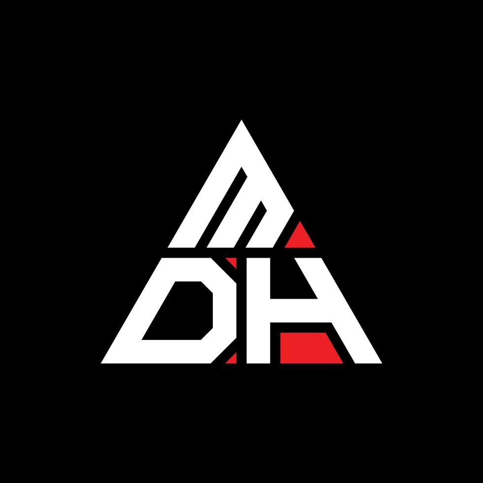 MDH triangle letter logo design with triangle shape. MDH triangle logo design monogram. MDH triangle vector logo template with red color. MDH triangular logo Simple, Elegant, and Luxurious Logo.
