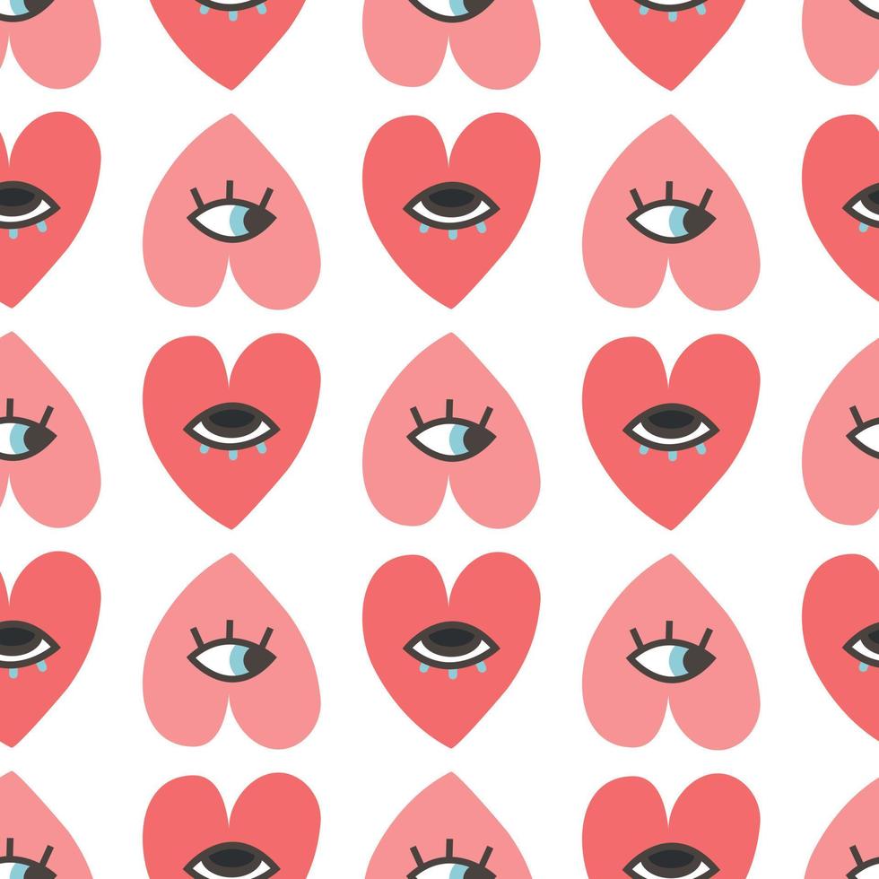 Cute cartoon heart with eyes pattern. Repeatable vector design for wrapping, stationery and fabric. Trendy hand-drawn hearts.