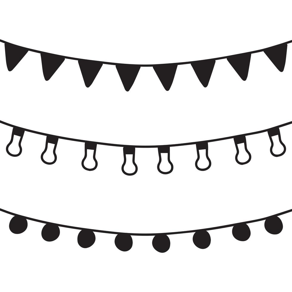 Hand-drawn hanging bulbs on ropes, flags and garland. vector