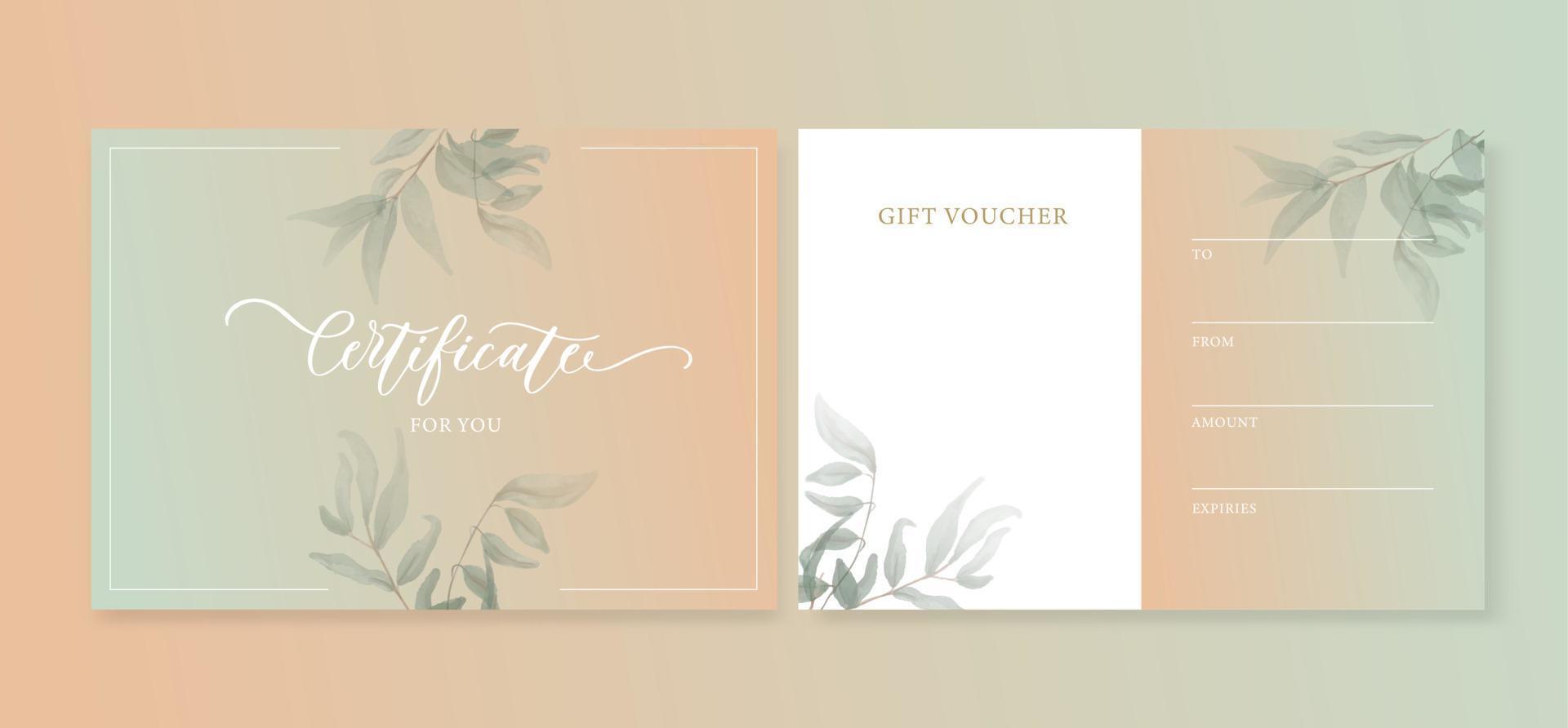 Elegant gift certificate with watercolor greenery leaves. The template can be used for spa, cosmetic, beauty, restaurant. vector