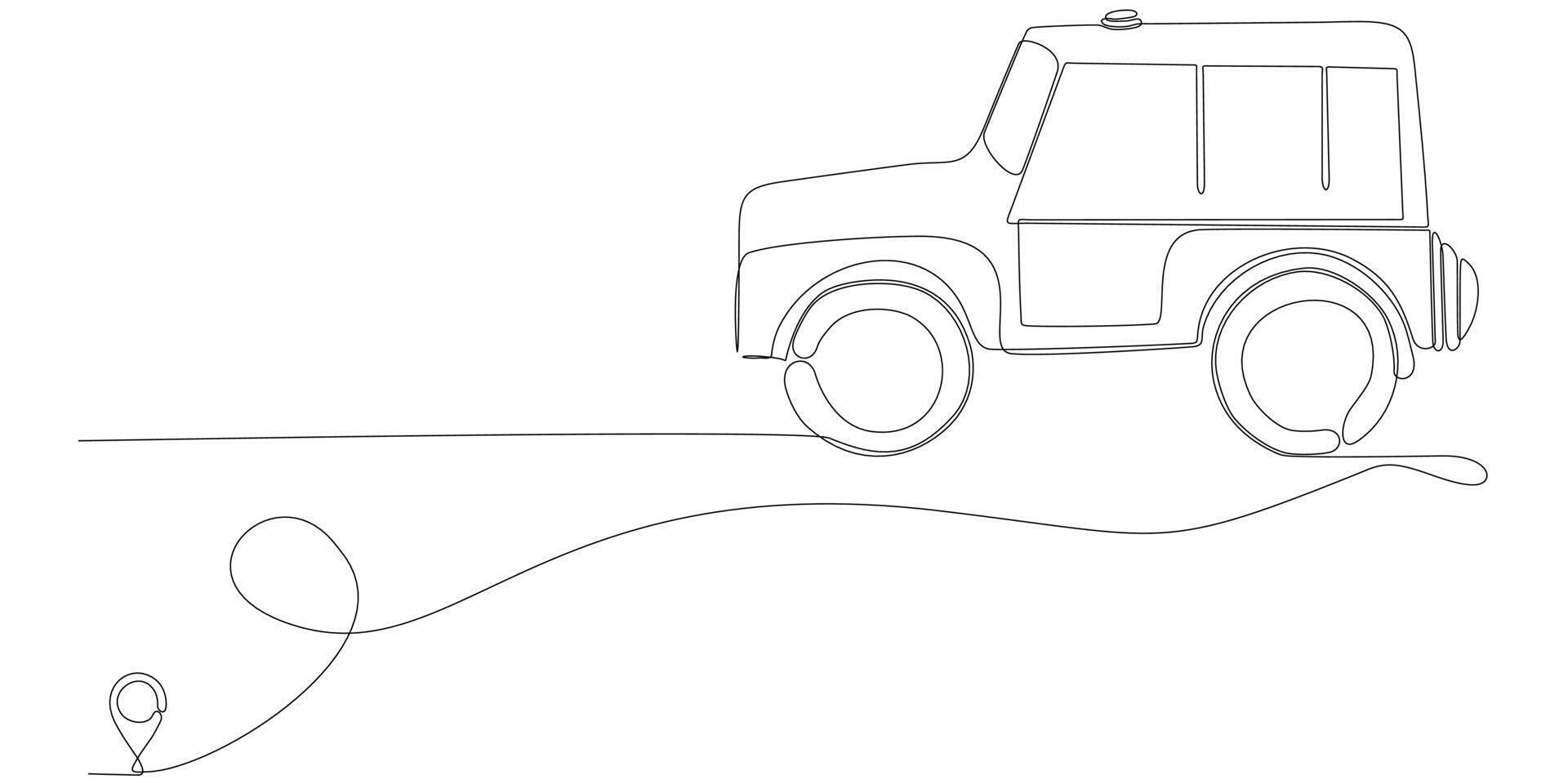 vector de icono de línea dibujo de línea continua de la línea de coche de policía desde la ruta de la oficina de oulis con punto de partida y sendero de una sola línea - ilustración vectorial. - vectores