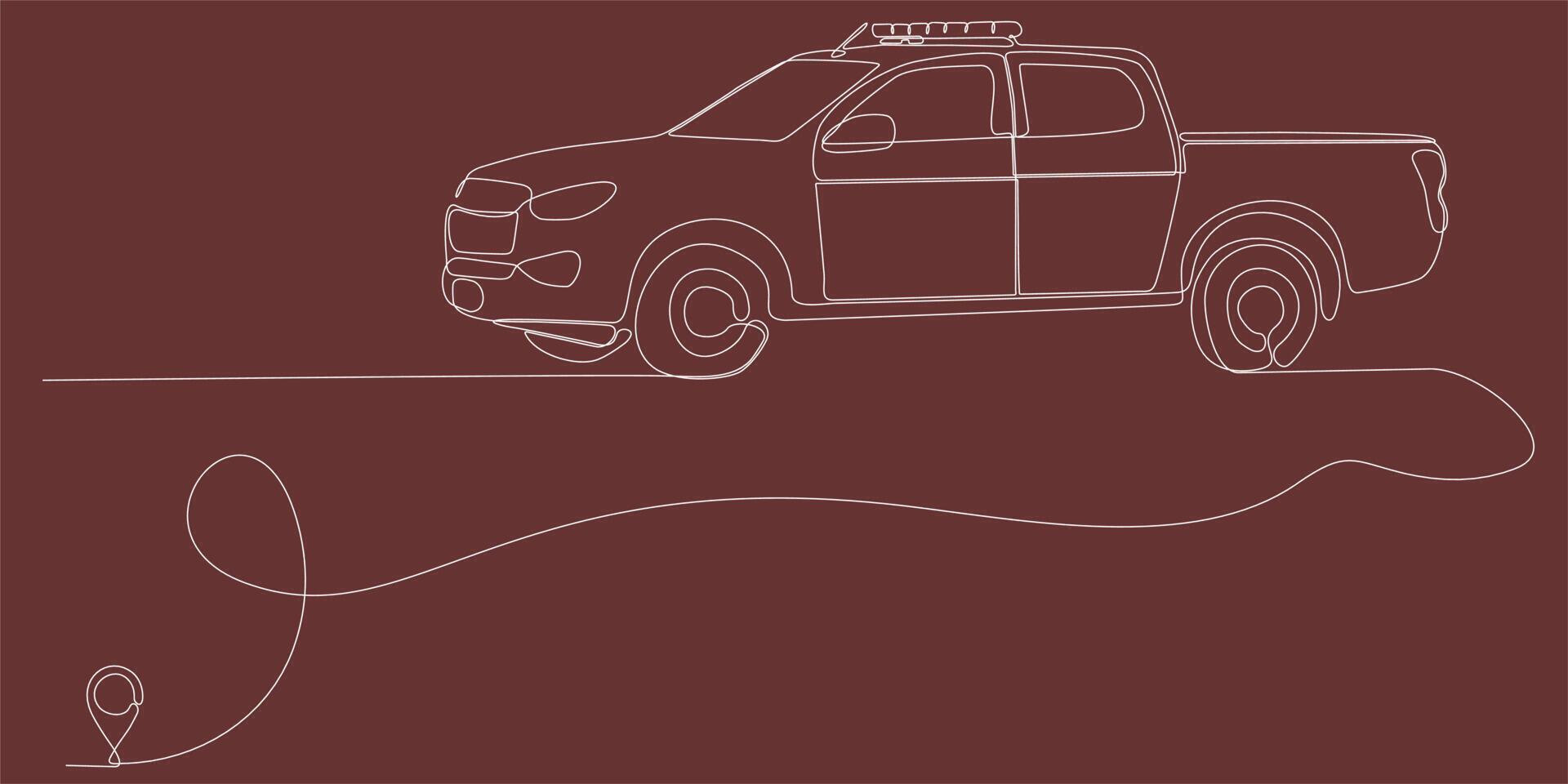 vector de icono de línea dibujo de línea continua de la línea de coche de policía desde la ruta de la oficina de oulis con punto de partida y sendero de una sola línea - ilustración vectorial. - vectores