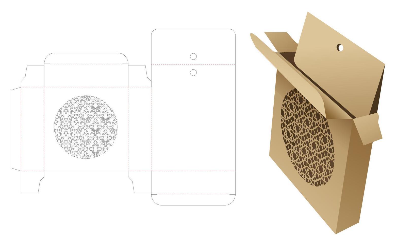 Tin hanging box with stenciled pattern die cut template and 3D mockup vector