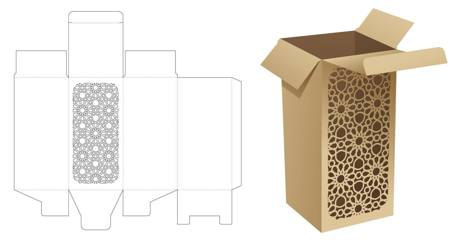 Paper box with stenciled Arabic pattern die cut template and 3D mockup vector