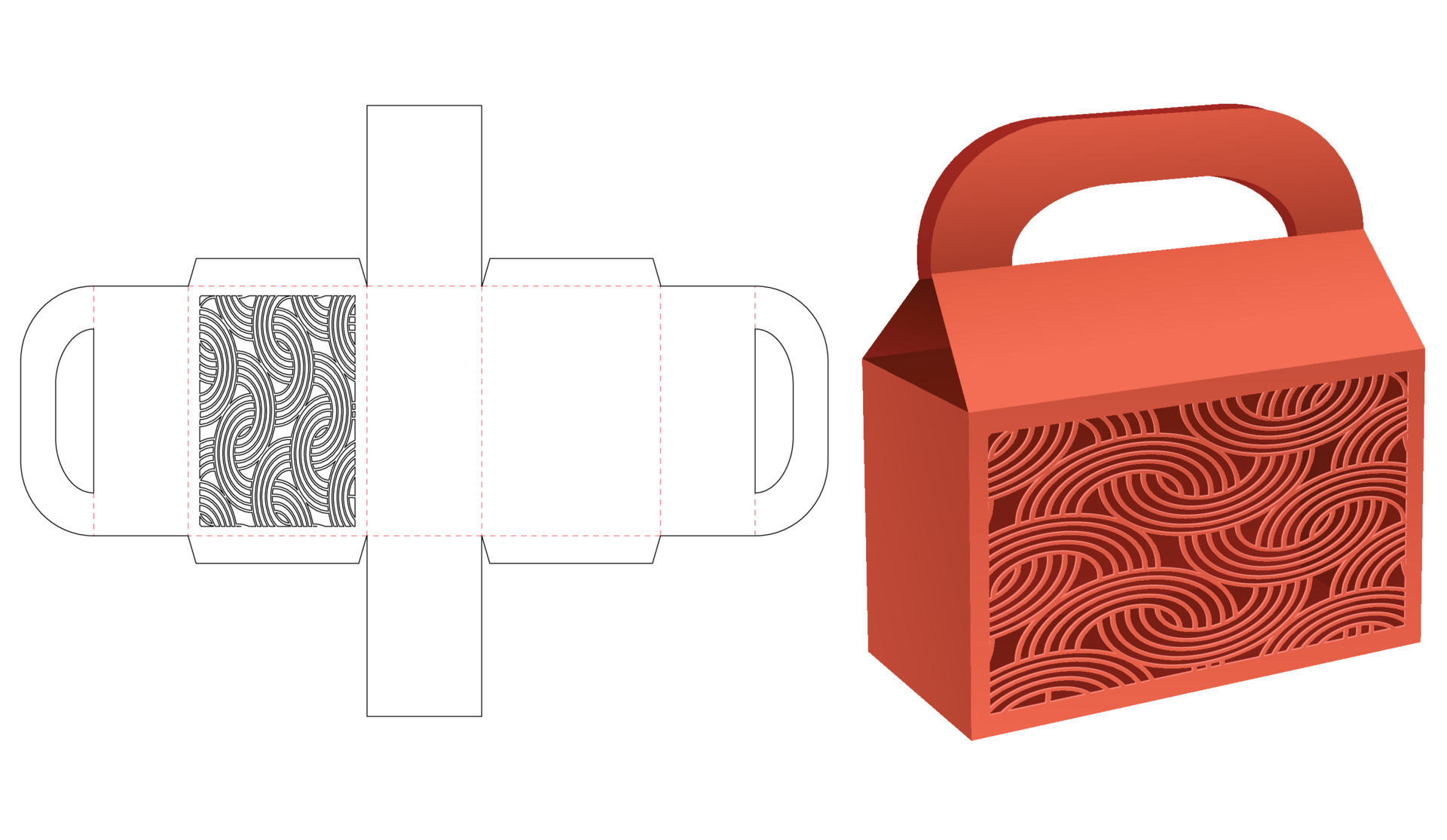 Handle box with stenciled curved pattern die cut template and 3D mockup
