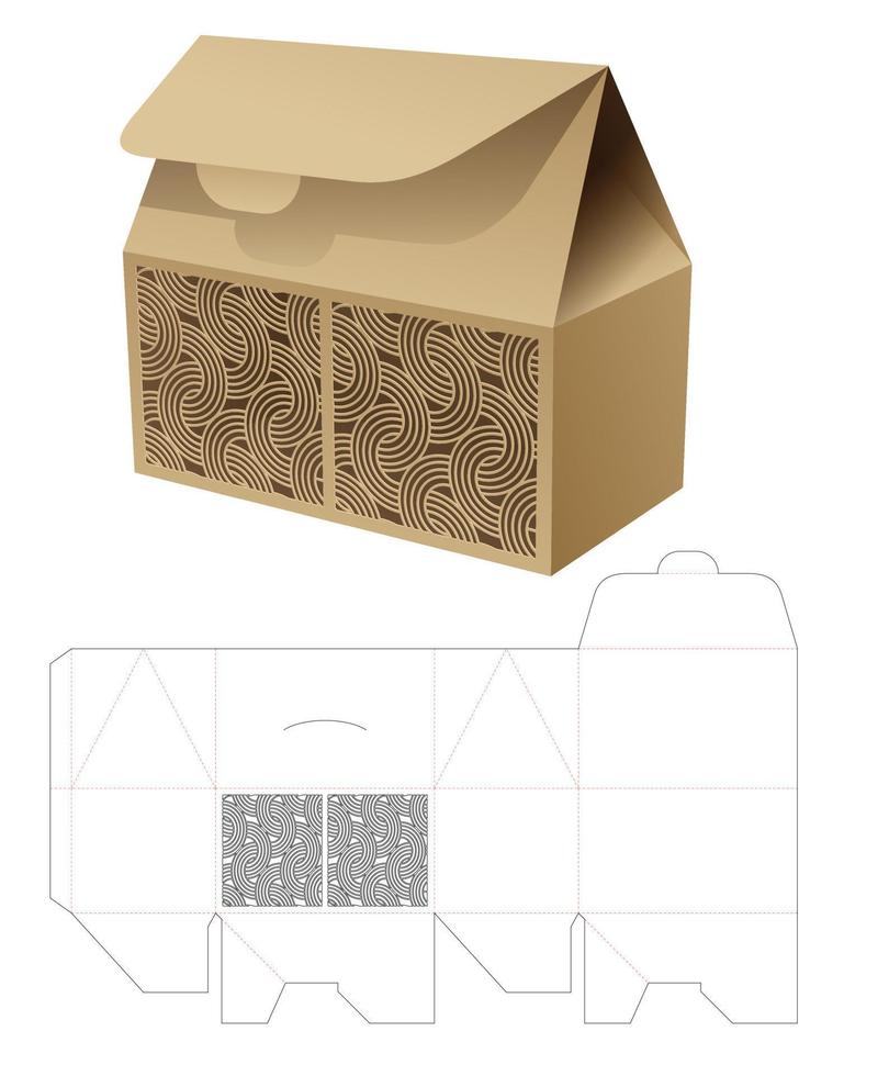 Cardboard flip purse box with curved pattern window die cut template and 3D mockup vector