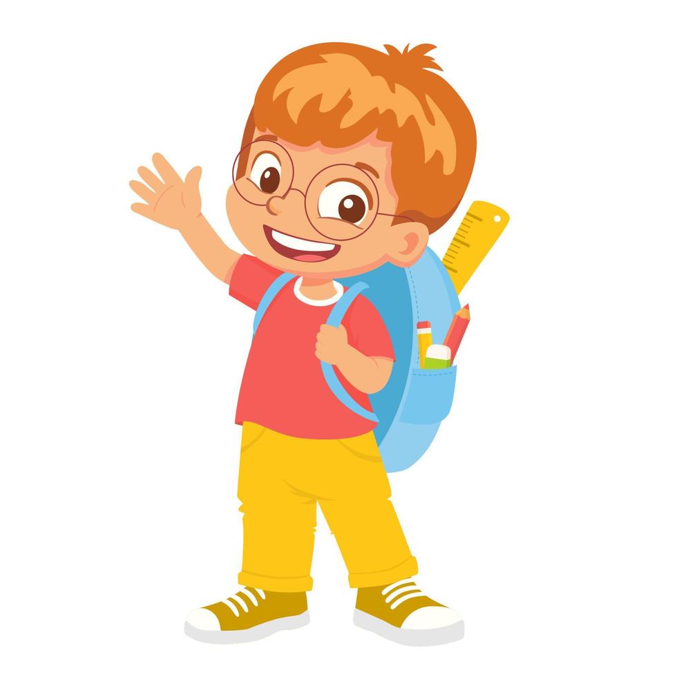 Schoolboy with a school bag goes to school. Little happy schoolboy. vector